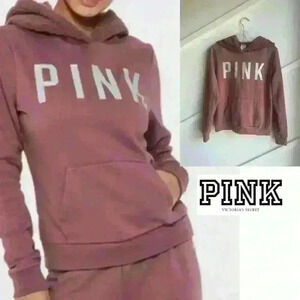 Victoria Secret Pink Glitter Logo Sherpa Lined Rose Pink Hoodie  S